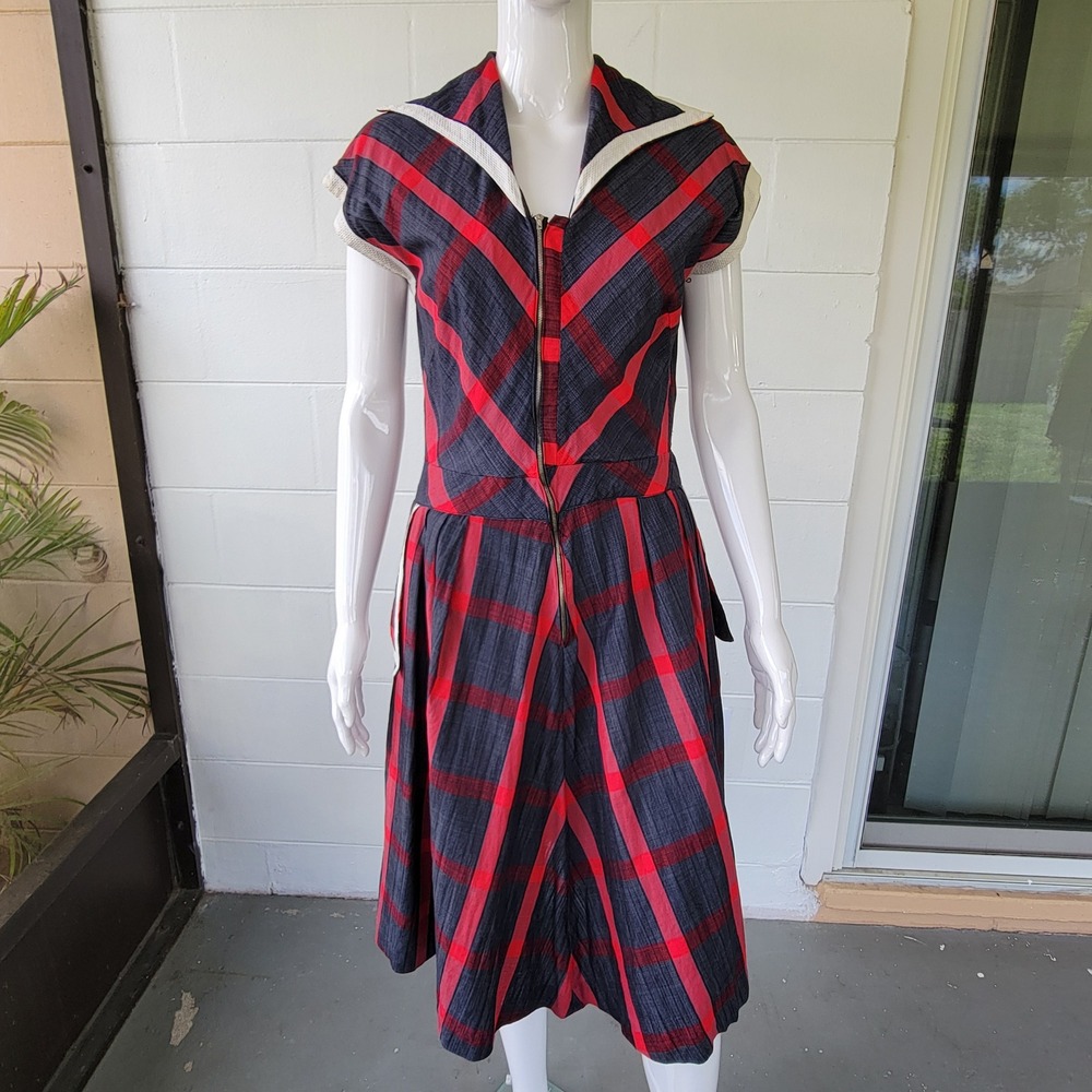 Vintage 50s Toni Todd Plaid Sailor Dress Red Grey Women's M Rockabilly